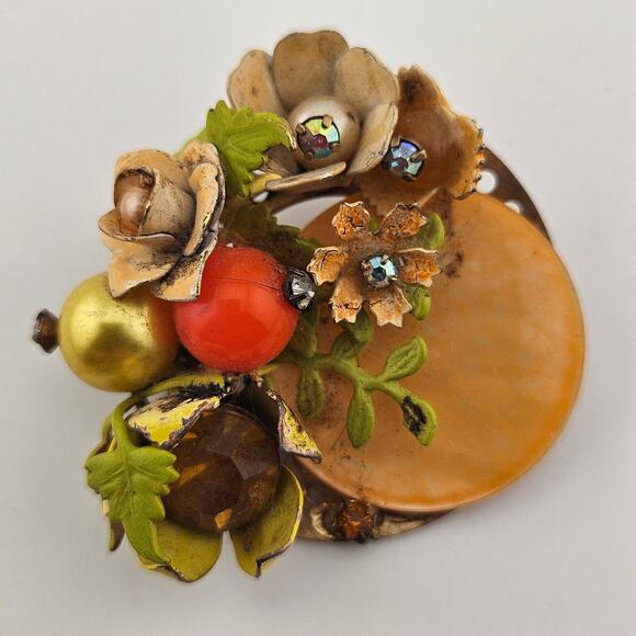 Vintage Floral Gaudy Brooch Pin Maximalist Artsy Regencycore Earth Tones - Picture 1 of 4